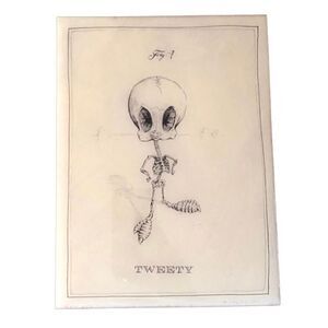 Tweety Bird Anatomical Skeleton Contemporary Art Pencil Signed Wood Panel